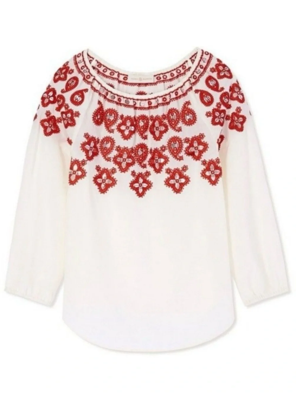 Tory Burch Cream Blouse with Red Embroidered Yoke
